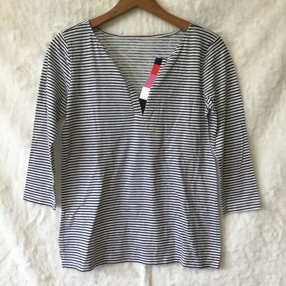 LOFT Blue Striped Floral Split Neck Tee - Picture 6 of 11